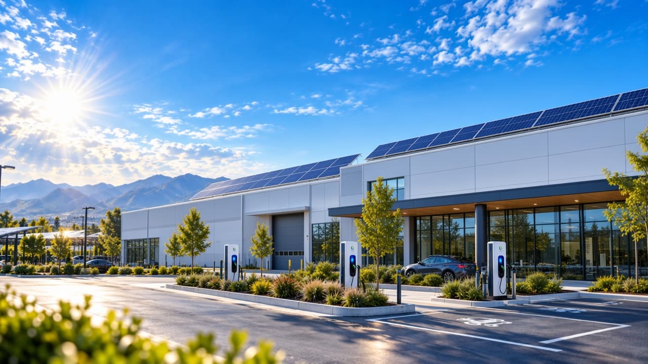 Commercial building with rooftop solar and EV charging at dusk