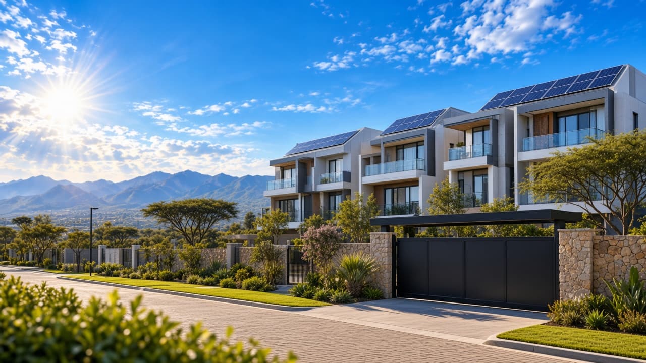 Residential townhouses in an estate at sunset