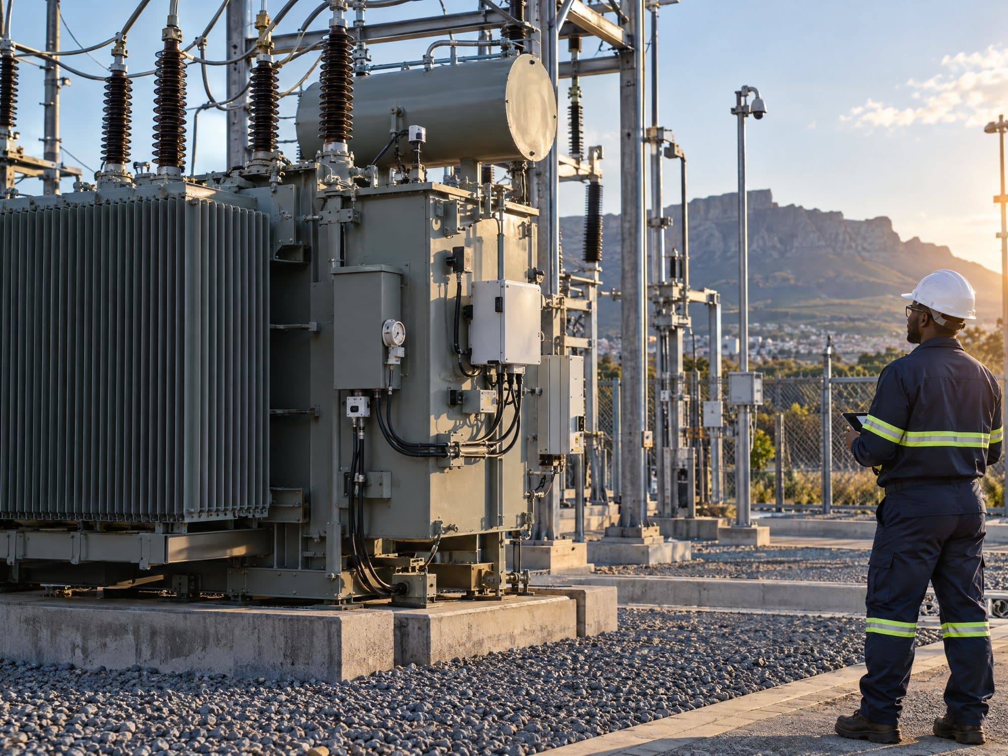 Technician inspecting a utility distribution transformer with generic monitoring equipment