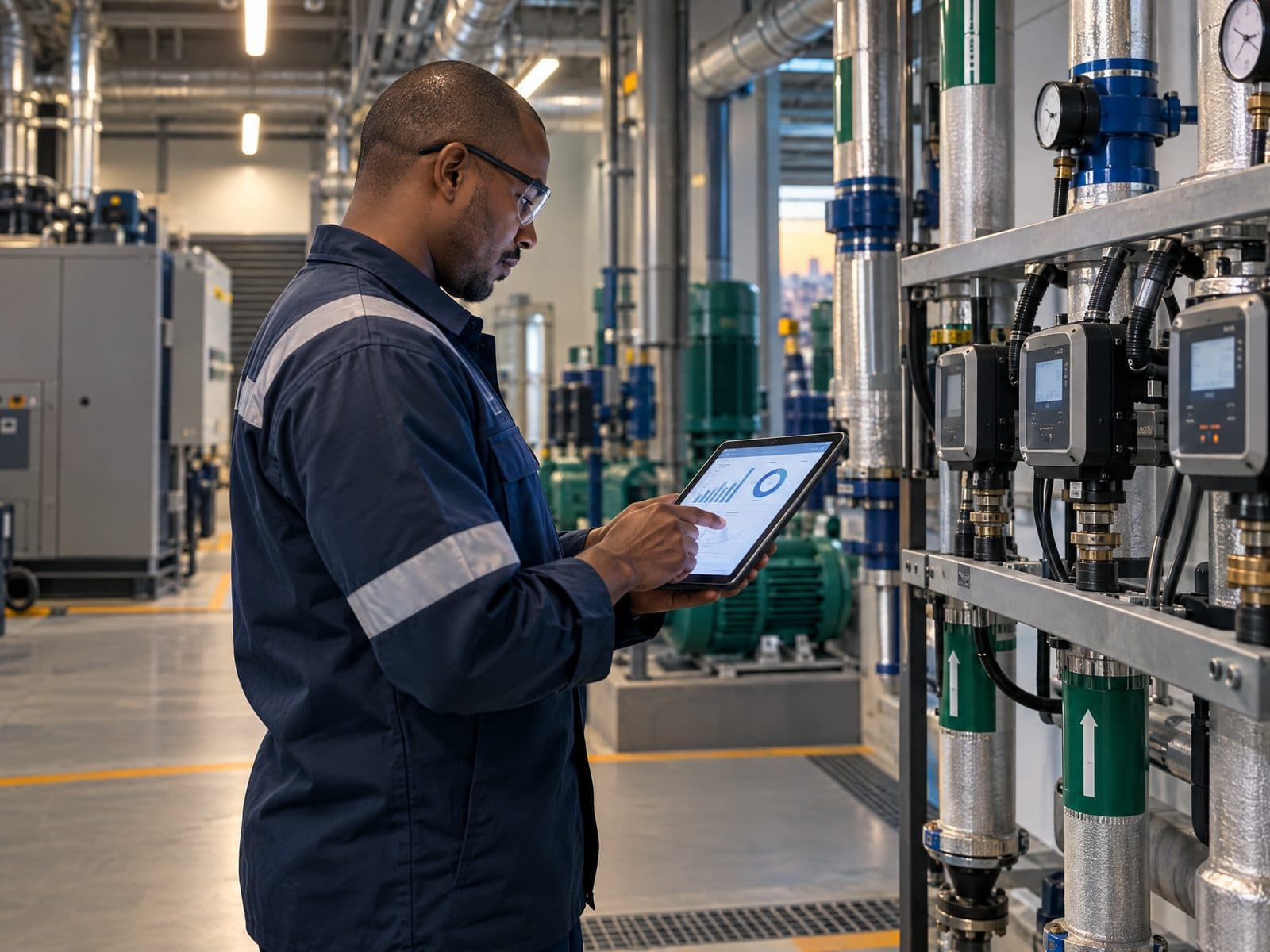 Energy professional reviewing site equipment on a tablet